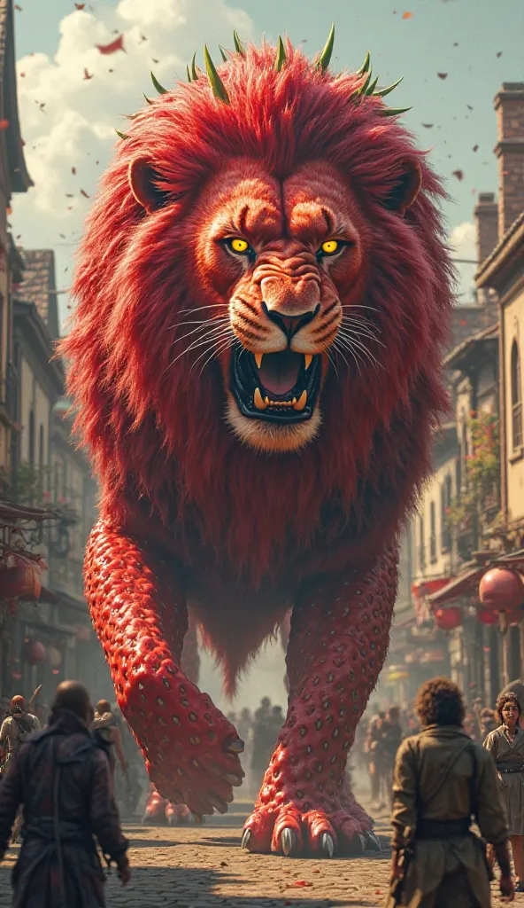 A massive, hyper-realistic lion with the texture and color of a ripe strawberry stands menacingly in the middle of a European-style village. Its deep red fur is covered in tiny seed-like bumps, giving it the appearance of strawberry skin, with hints of gre...