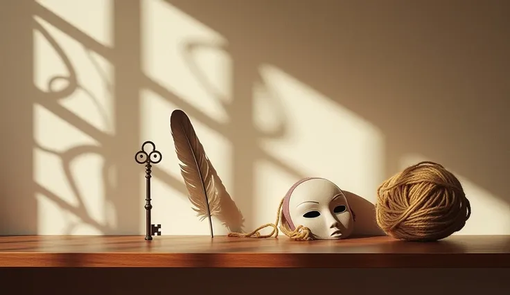 Realistic photo of a shelf with symbolic objects: an old key, a feather, a neutral mask and an unraveled ball of wool. Soft side light casting spiral-shaped shadows on the wall. Colors: beige, burgundy and gold.