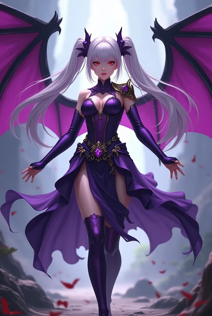  girl with dark purple bat wings, long white hair with pigtails, red eyes, in a purple anime-style battle costume 