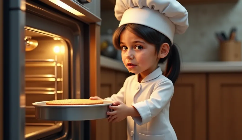 "A highly realistic young girl, around , wearing a clean white chef’s jacket and a perfectly fitted white chef's hat, stands in a cozy, well-lit kitchen. She has big, expressive eyes and a slightly open mouth, showing a look of pure shock and amazement. Sh...