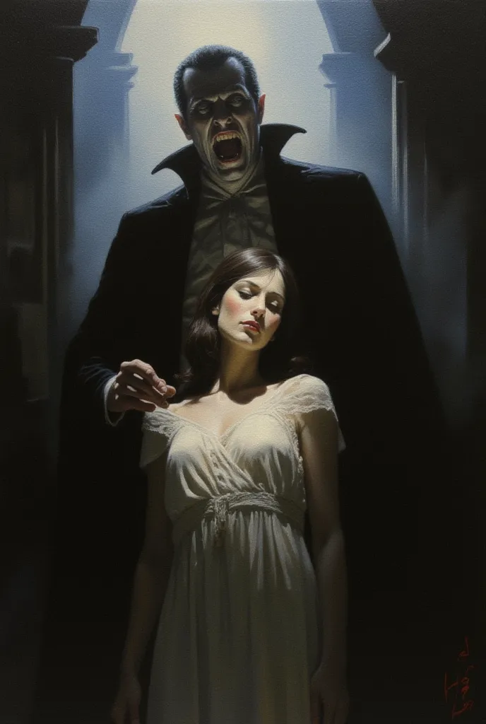 A dark fantasy painting of a vampire standing behind a woman, calmly prepareing to bite her neck, his mouth open, revealing his sharp fangs. The woman is standing with a calm, trance-like expression, her eyes half-closed. The vampire's presence is shadowy ...