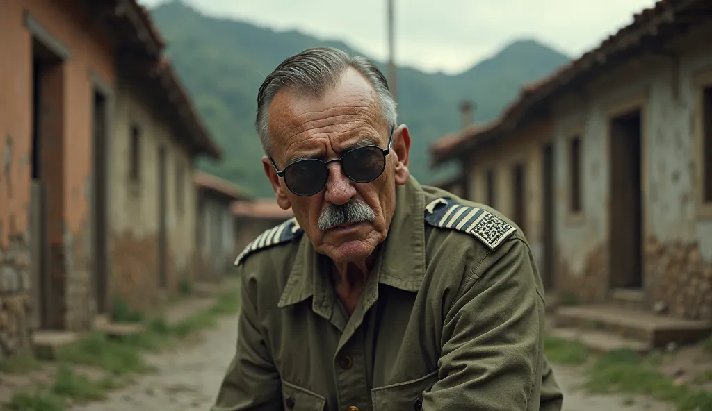 An aged man resembling Hitler sitting in a remote South American village in the 1950s, wearing dark sunglasses.
