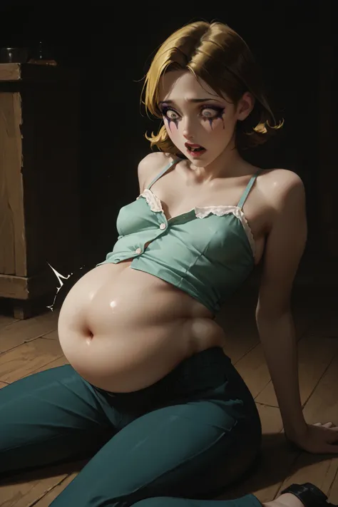 masterpiece, best quality, amazing quality,very aesthetic, 1girl, bimbo makeup,, detailed portrait of a beautiful young woman with alluring bimbo makeup, wearing a camisole and unbuttoned pants, shocked expression, , sitting on the floor leaning back propp...