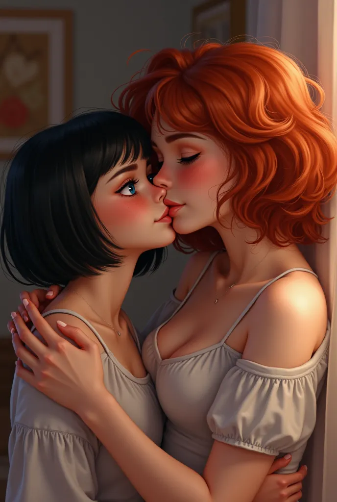 Create an image of a chubby girl, very short hair, smooth and black, receiving a kiss from a redhead er, hair with blue eyes, curly red hair not too full.