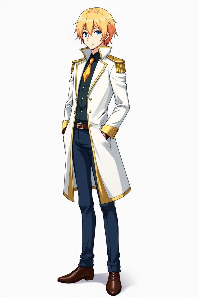 A white coat with a high collar and gold trim fit him perfectly, paired with dark blue pants and polished shoes
On a boy with blond hair and long bangs. The guy had one eye blue and yellow. Young guy. anime.