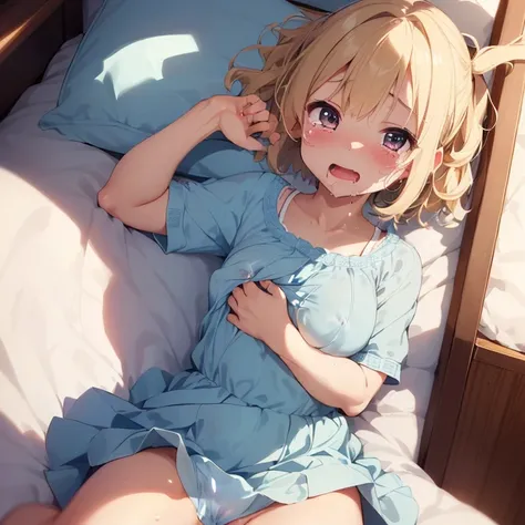   Amazing Details  、   evening 、、 bed、Mansion、Noble、((５  Age Girl) wet hair 、blonde、、 short hair、、   Light Blue Dress   、 jumper skirt、  hairpins、Drooling 、 semen、is crying、nipple masturbation、 very cute、lying down、、 shy、、、 Enthusiastic expression、 sexual ...