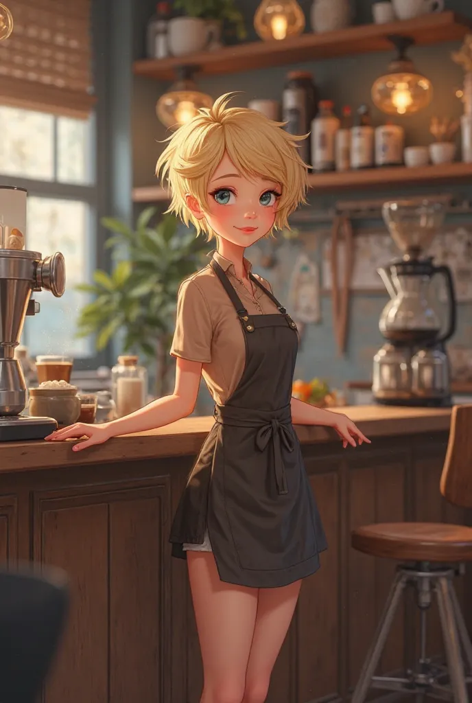 Young girl barista, short blonde hair, grey eyes, fair skin, she is standing in brown shirt, mini skirt and apron in coffeshop