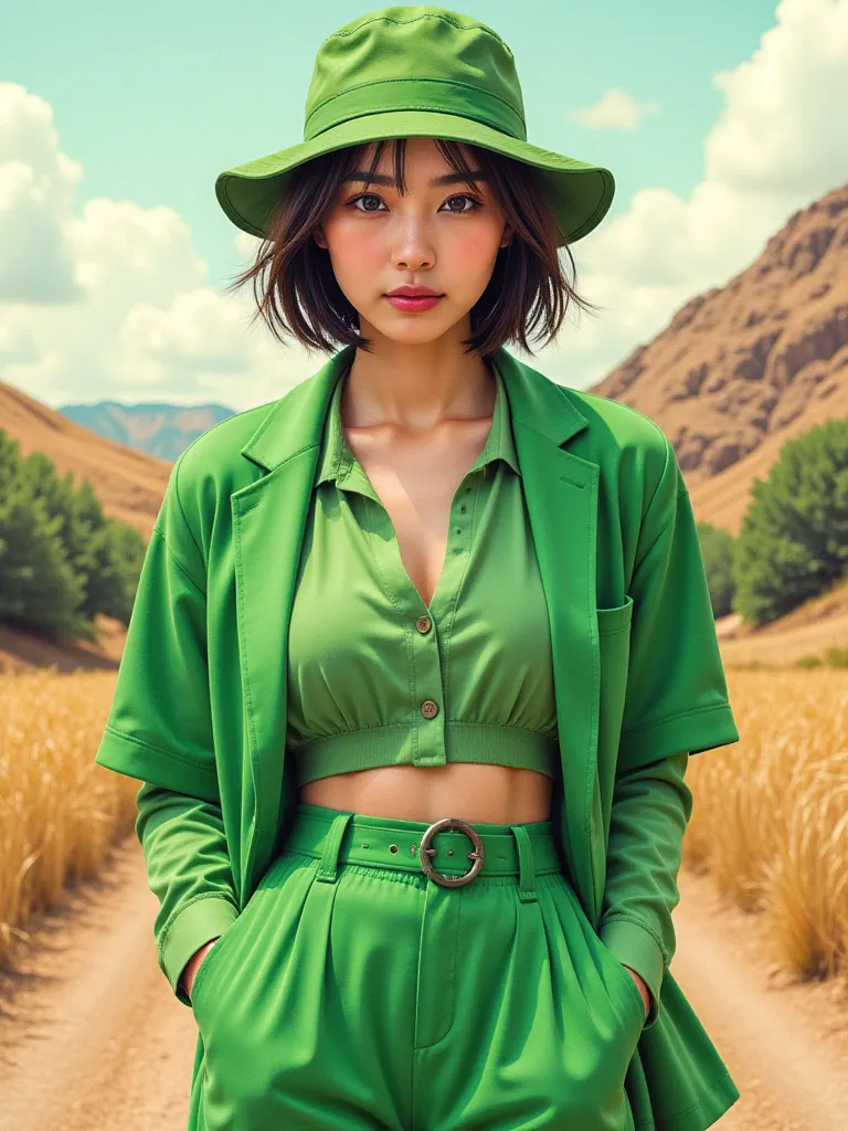 Produce high-quality images of Japanese women with vivid colors and unique compositions. She is dressed in a sophisticated green outdoor fashion style,  and the background is a landscape with abstract and fantastic elements .  Her poses make you feel fluid...