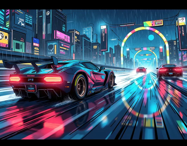(masterpiece:1.2,top quality, ultra high definition ,very well detailed,best illustrations,Super Detail),8k,16k,wallpaper,(rainのnightのハイウェイレース),(ray tracing),(future:2.0),SF,Cyberpunk,(future的な車:2.0),(dynamic angle),(night),(rain),(lanes drawn with iridesc...