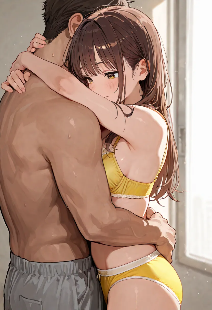 one girl,brown hair semi-long,Yellow underwear, hug a man