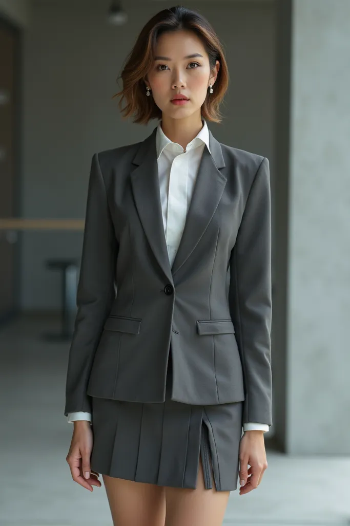 Make a women's suit with a small coat that doesn't even reach the waist, with a shirt that is white with a tie, with a vest like a waiter's and the skirt that has 2 pleats on the knees that the skirt is short that it doesn't reach the knees and that everyt...