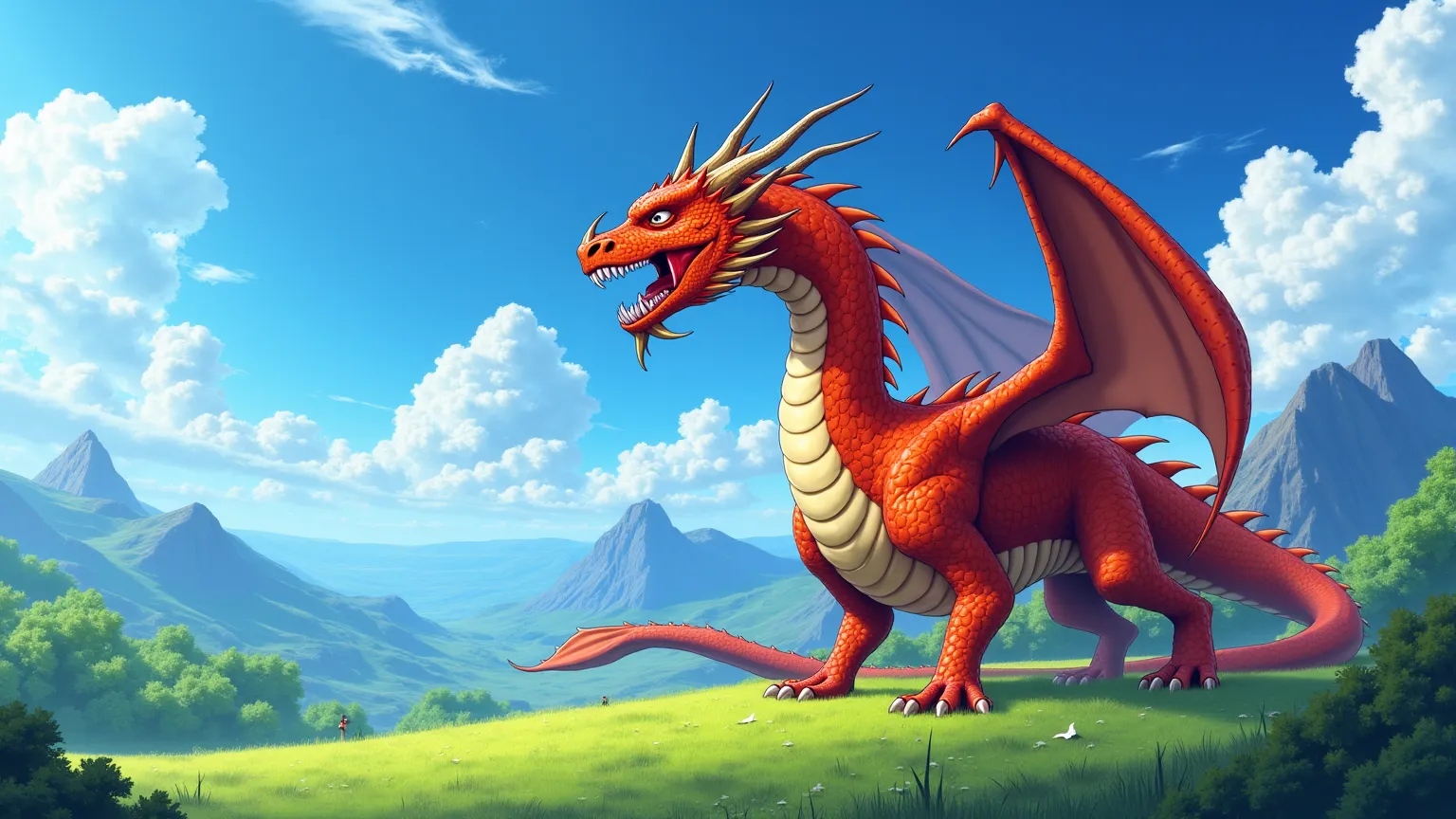 Anime style. green meadow. lawn. Right mountain. blue sky. no people. A big red epic dragon stands at full height, that growls. stands on four legs . 