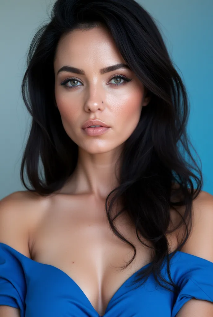 A woman with eyes as blue as the sky, white skin and long black hair., oval face with striking and attractive eyes with a slender and athletic body wearing a blue dress that contrasting with her eyes.