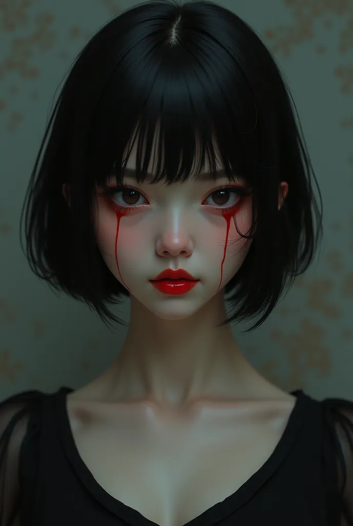 A girl with a look that scares a black haired person is a beautiful and charming girl with short black hair cheeks with light red full lips of medium thickness hair