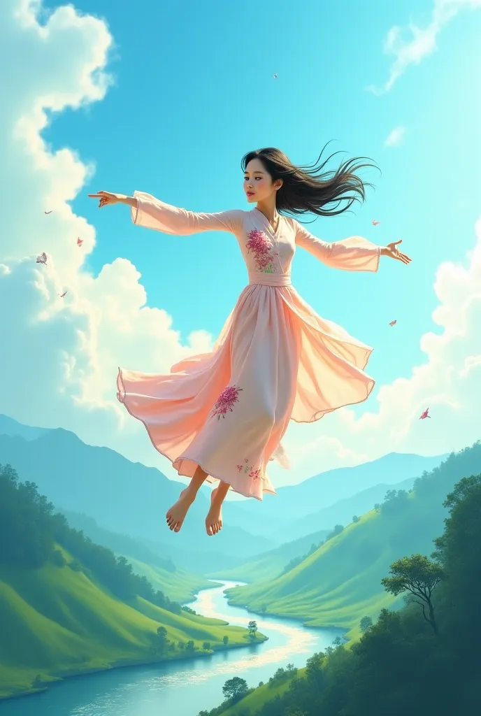 A girl in a Vietnamese long dress flies in the blue sky, at the bottom are the green hills of the northern highlands, there is a river like a peach silk strip