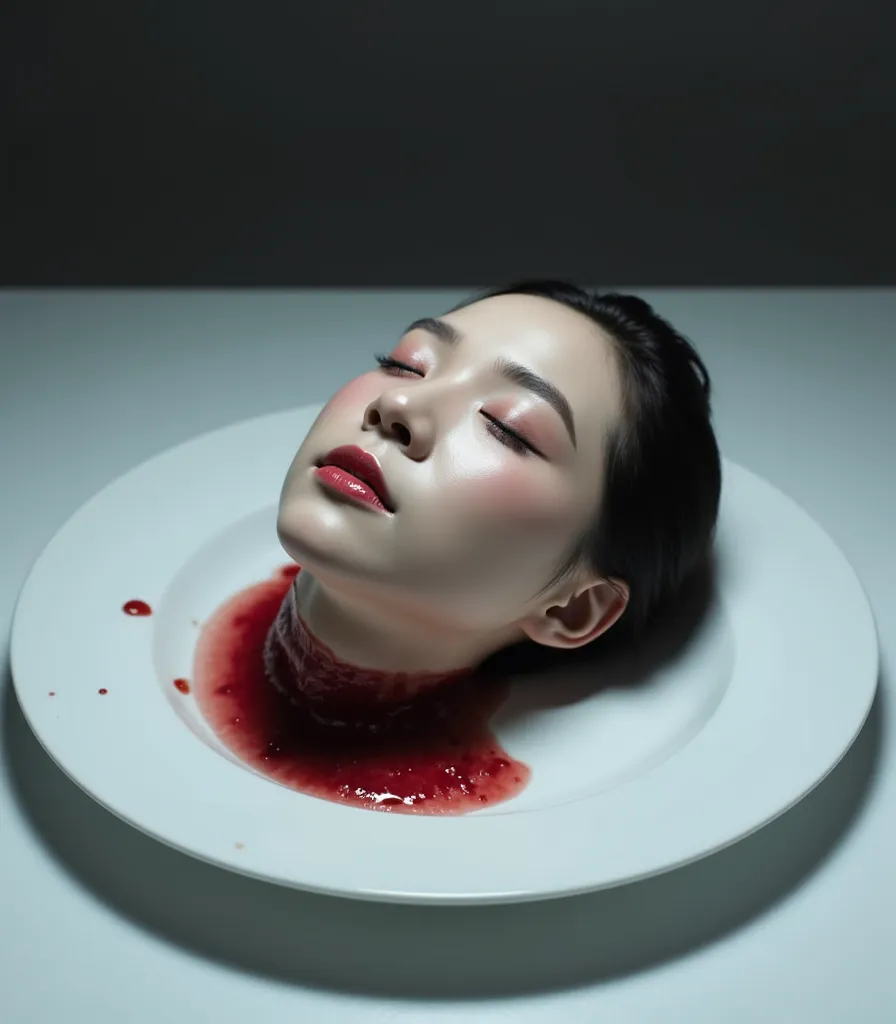   place the head of a decapitated woman , Asia,  Less blood stains   , (( with eyes closed)),   like a dish on a plate  , Bloody,  actual , 4K, Nikon, fear