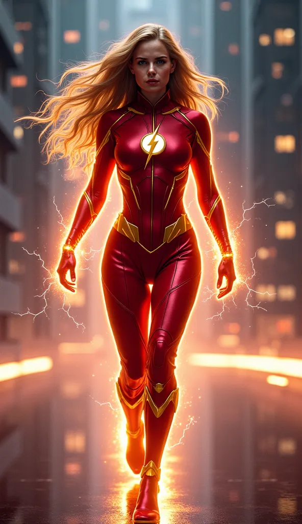 A breathtaking, muscular giant female speedster, inspired by Flash but wearing a bold, high-tech red and gold Avengers-style suit, exuding strength and elegance. She has a stunning, glamorous appearance with long, flowing golden hair, fierce yet feminine f...