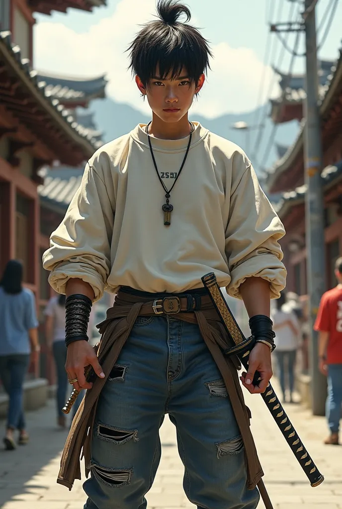 a young samurai in a sweatshirt and jeans , holding a katana