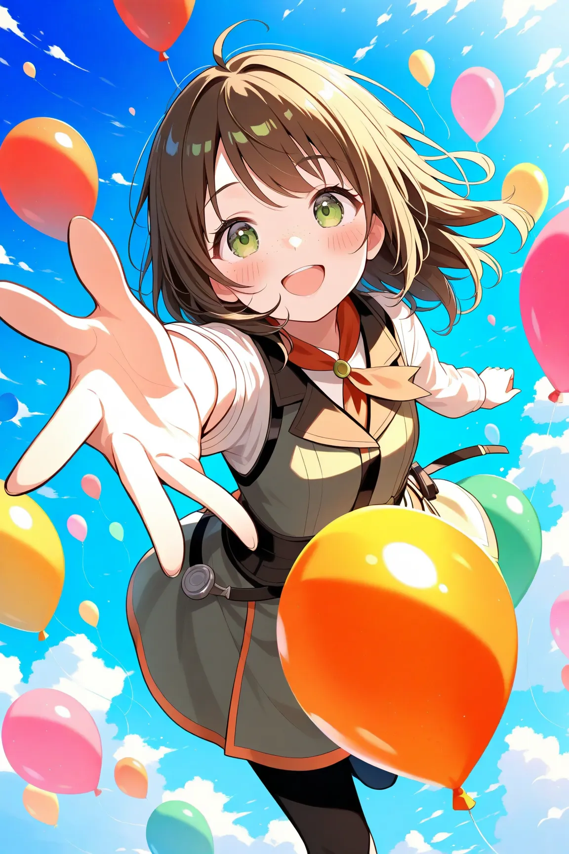 figure falls down：1.37. girl, green eyes,happy smile-blush，freckle，，, outstretched arm,outstretched hand,reaching,reaching out。Sky，blue sky and white clouds，Colorful balloons