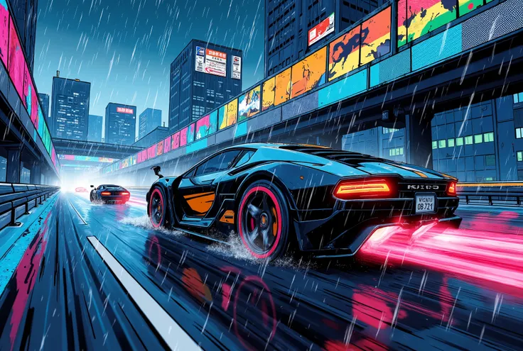 (masterpiece:1.2,top quality, ultra high definition ,very well detailed,best illustrations,Super Detail),8k,16k,wallpaper,(rainのnightのハイウェイレース),(ray tracing),(future:2.0),SF,Cyberpunk,(future的な車:2.0),(dynamic angle),(night),(rain),(lanes drawn with iridesc...