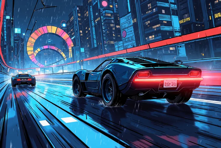 (masterpiece:1.2,top quality, ultra high definition ,very well detailed,best illustrations,Super Detail),8k,16k,wallpaper,(rainのnightのハイウェイレース),(ray tracing),(future:2.0),SF,Cyberpunk,(future的な車:2.0),(dynamic angle),(night),(rain),(lanes drawn with iridesc...