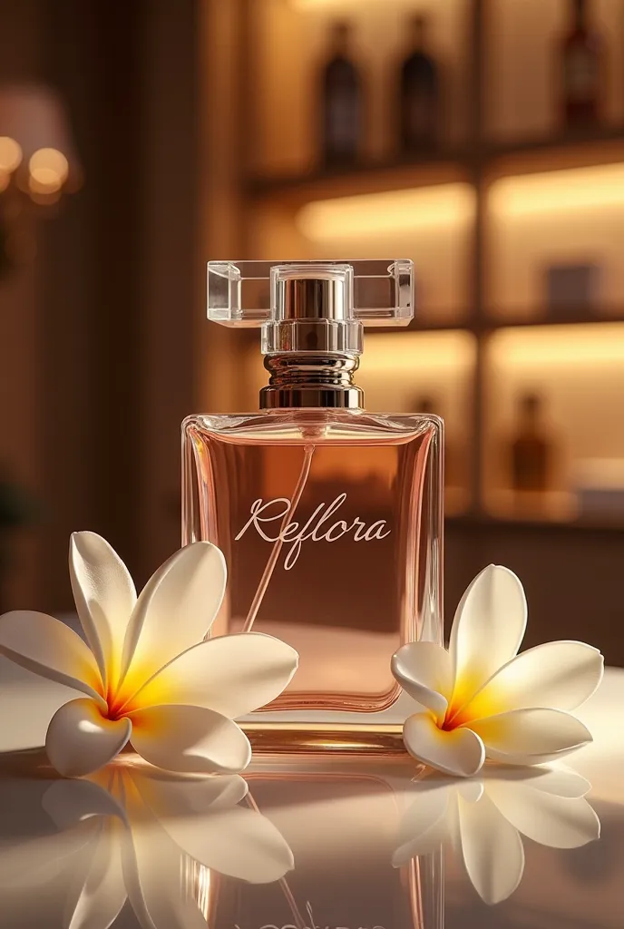 Make a performe with the name of the brand written on it written boutique reflora visible with the jasmine flower showing