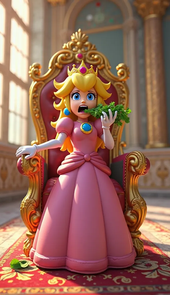 A highly detailed 3D-style scene depicting Princess Peach standing on her ornate golden throne in a grand castle hall. She wears her signature pink gown, white gloves, and a sparkling golden crown. With a dramatic and comedic expression of disgust, she has...