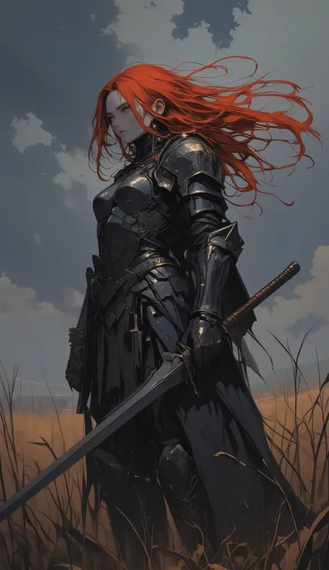 Create an image, with a female knight with long red hair, fluttering in the wind , bib, stands in the middle of the field . She has dark metal armor with signs of battle, in her hand, a long sword. There is tall dry grass all around, and in the distance...