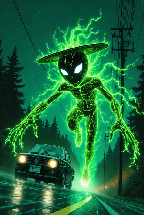 from above.Green humanoid specter with a plate on its head、Kappa。a kappa, a specter, speeding down a rainy highway、low angle dynamic shot、Dramatic lighting with cinematic 3D depth、Dynamic 3D effects、 The camera perspective is dramatic,Rainy highway at nigh...