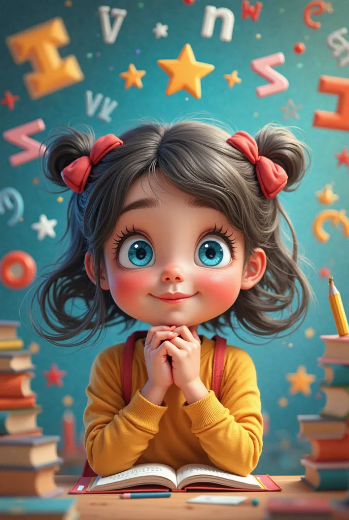 Cute adorable thinking girl with big blue eyes  , surprised . Holding a pencil in hands . Around her  letters, numbers , puzzles , shapes. Reach , eye- catching colours. 