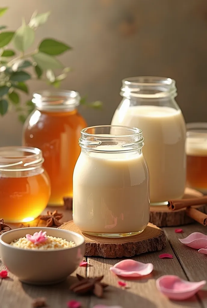 Small glass jars with gold and s (representing honey and milk), arranged on a table with spices such as cinnamon, myrrh and rose petals.