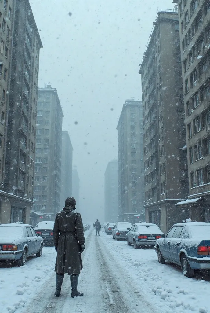  location from the game , our time , Russian city street, abandoned Khrushchev buildings, post-apocalyptic landscape, everything in the snow , there is a snowstorm , abandoned cars, frozen people s