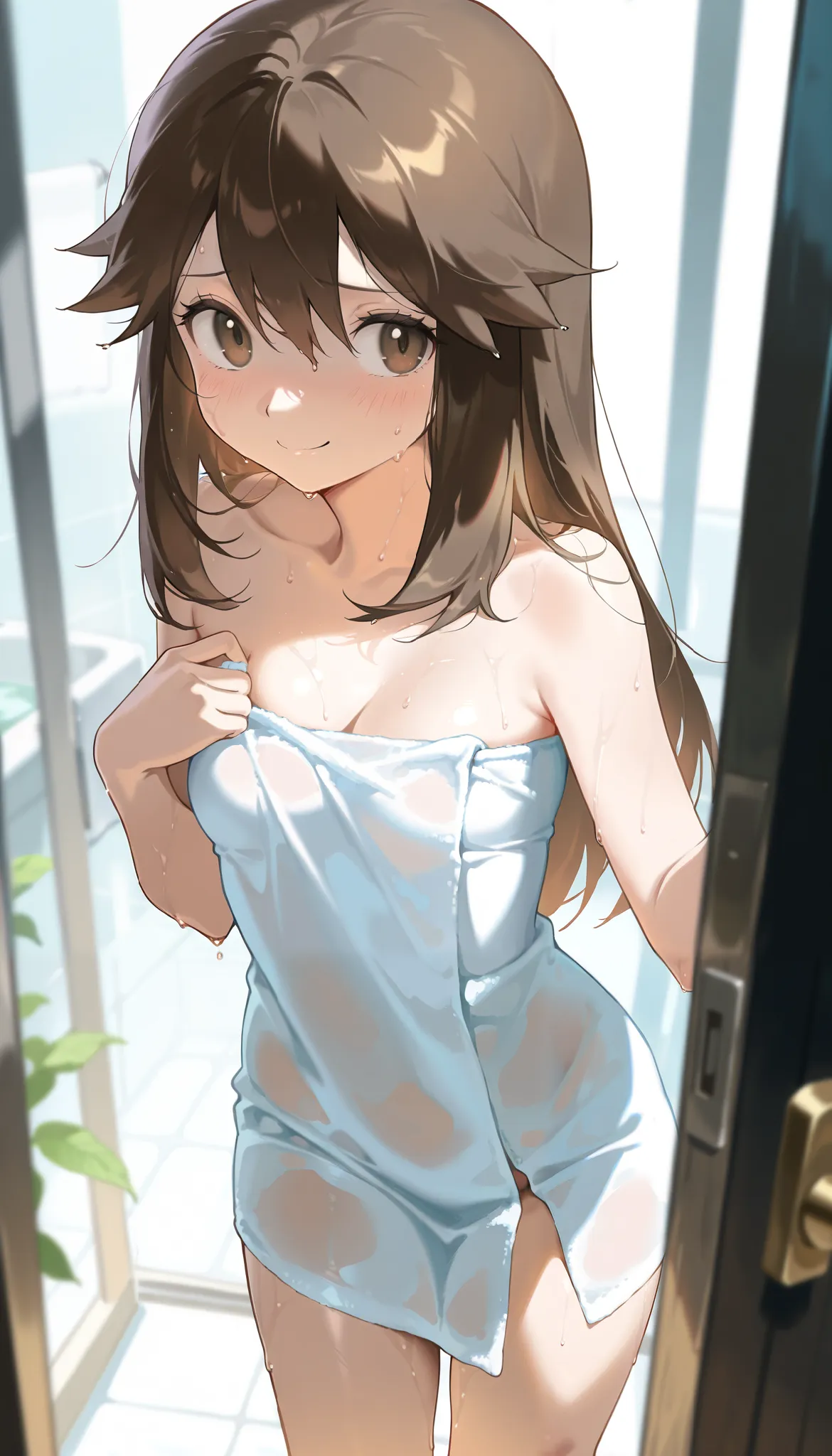 high resolution picture, masterpiece, best quality, amazing quality, solo,1girl, solo, leaf_(\pokemon\), brown hair, long hair, brown eyes, small breasts,, smile,embarrassed,standing ,hiding body with bath towel,sweat,bath,wetty body ,white towel 