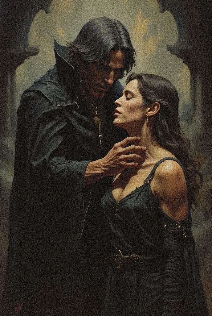 A dark fantasy painting of a vampire with dark hair standing behind a woman, leaning in calmly to bite her neck. His expression is serene, not aggressive. The woman is standing with a calm, trance-like expression, her eyes half-closed. The vampire's presen...