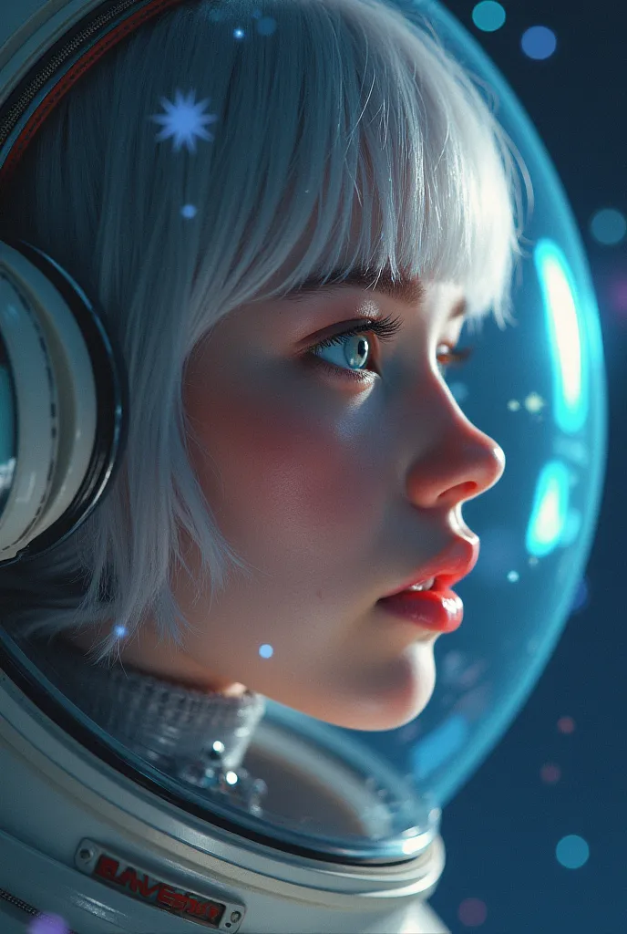 Close-up of the best masterpiece:1.5)0.9], (Space and astronauts:1.2) (Loose silver hair:1.1) (heterochromia: xanthochromia and blue eyes:1.2) (Space helmet:1.0) ( Colored stars in the eyes:1.0) (Shining light:1.1) (full lips:0.9)