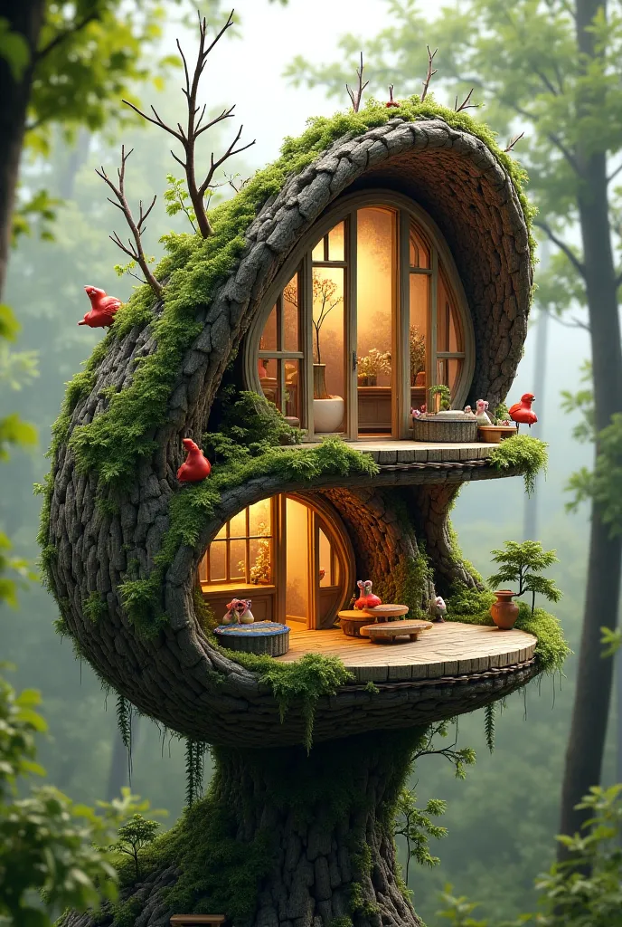 want an image that shows a bird's nest designed in the shape of a curved cabine (a small house) with 2 floor and flat roof and curved floor a curved floor and curved house