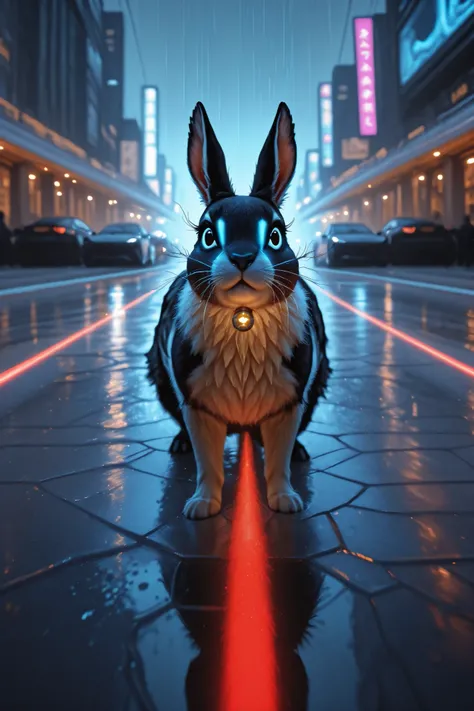 A photorealistic, cinematic image of an intense night race on a rain-slicked highway. In a surreal twist, a sleek, futuristic tortoise blazes past a stunned hare, leaving a glowing neon trail in its wake. The tortoise's shell is streamlined, reflecting the...