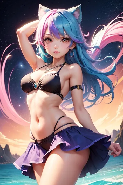 1_girl, solo,  a woman with colorful hair and necklace, anime girl with cosmic hair, Rossdraws' soft vibrancy, Gouviz-style artwork, fantasy art style, colorful], vibrant fantasy style, Rossdraws cartoon full of energy, cosmic and colorful, Guweiz, colorfu...