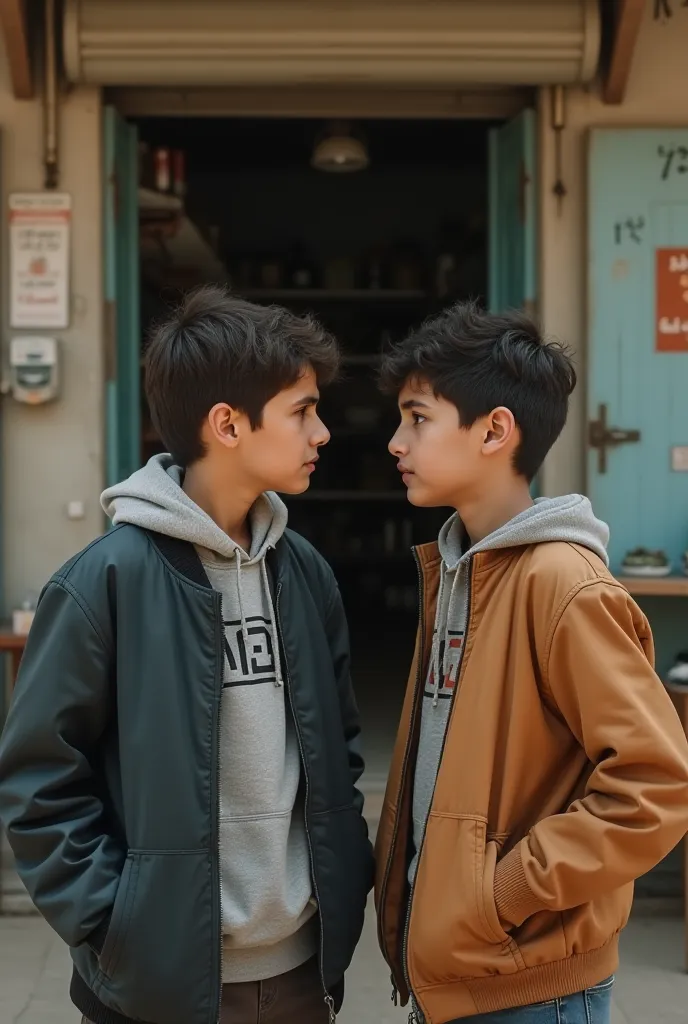 Two 15-year-old Palestinian boys whispered to each other with worried expressions on their faces, they wear different modern clothes typical of Palestinian people, background of a simple grocery store with open rolling doors typical of Palestine, very real...