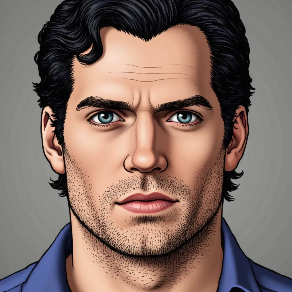 A 2D game perspectives reference, comic-style head model of Henry Cavill, superman, clean shaven, depicted in the distinct visual style of *Telltale's The Walking dead*. The image features bold outlines, cel-shading, and expressive facial details, capturin...