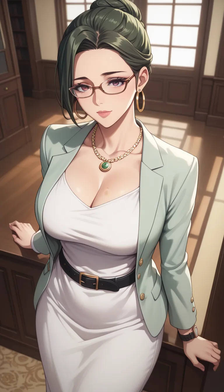 (masterpiece, best_quality:1.2), 1girl, solo, mature female, dark-green hair, hair bun, (glasses, wrist watch, hoop earrings, pendant necklace, white dress, sheath derss, light green blazer, black belt, black tights), beautiful eyes, female focus, looking ...