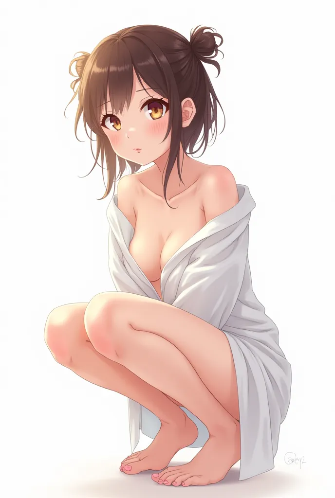 An ANIME-style girl squatting in an open white shirt,  showing a little of her breasts