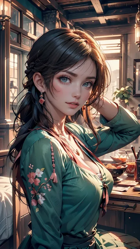 anime, high definition,  Manwa style   (( red braided low ponytail hair))  (((the most beautiful Green eyes))) in (((Blue clothes))), ((( girl )), 8k, Unreal EnGine 5, オクタン レンダリンG, Cute, GamanG, Yoon Gonji, G.To, Gosonjak, Schloop, Serious, Dorm, Noah, tre...