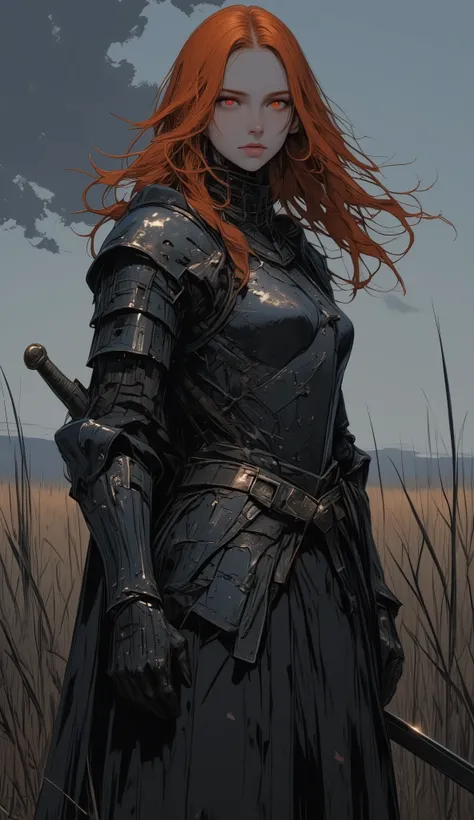 Create an image, with a female knight with long red hair, fluttering in the wind , bib, stands in the middle of the field . She has dark metal armor with signs of battle, in her hand, a long sword. There is tall dry grass all around, and in the distance...