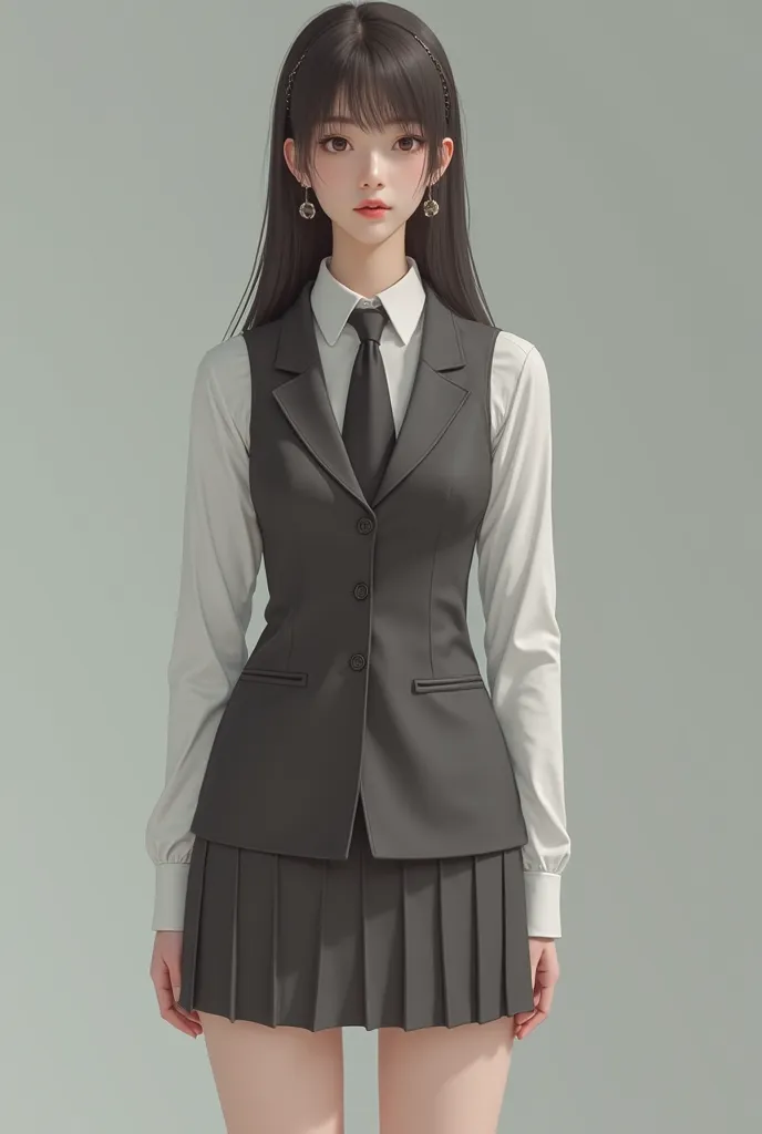 Make a women's suit with a white shirt with a tie, with a waist-like vest and the skirt that has 2 pleats on the knees that the skirt is short so that it does not reach the knees and that everything is lead in color
