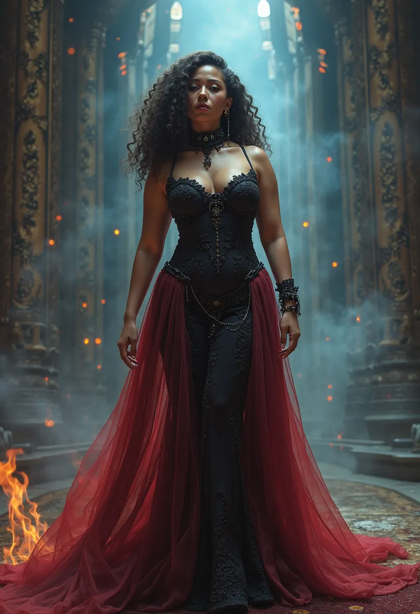 A powerful dark princess with a robust, curvaceous figure and voluminous curly hair stands at the center. Her modern yet regal attire reflects her noble and mystical nature. She is a witch of fire, but she also has mastery over other elements, including sp...