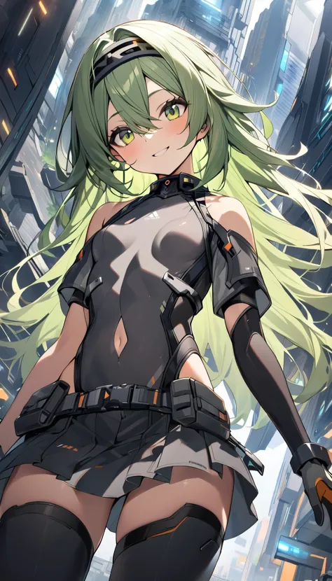  1young_girl, solo, long_shaggy_hair, green_hair, long_bangs,bare_shoulders,short sleeves, (thin_gray_bodysuit), black_harness, green eyes, very_short_front_cutout_skirt, dettached_long_sleeves,gloves, light_smile, in futuristic city, , high quality,crotch...
