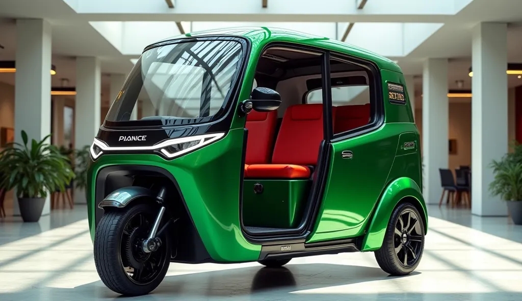 New 2025 Tvs king  electric rikshaw green Front view Red Shiny Exterior Showcase Showroom Open side door