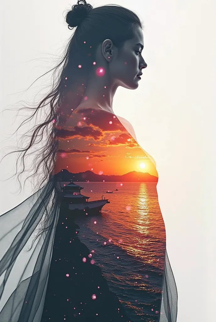 high quality, 8K Ultra HD, A beautiful double exposure that combines an goddess silhouette with sunset coast, sunset coast should serve as the underlying backdrop, with its details incorporated into the goddess , crisp lines, The background is monochrome, ...