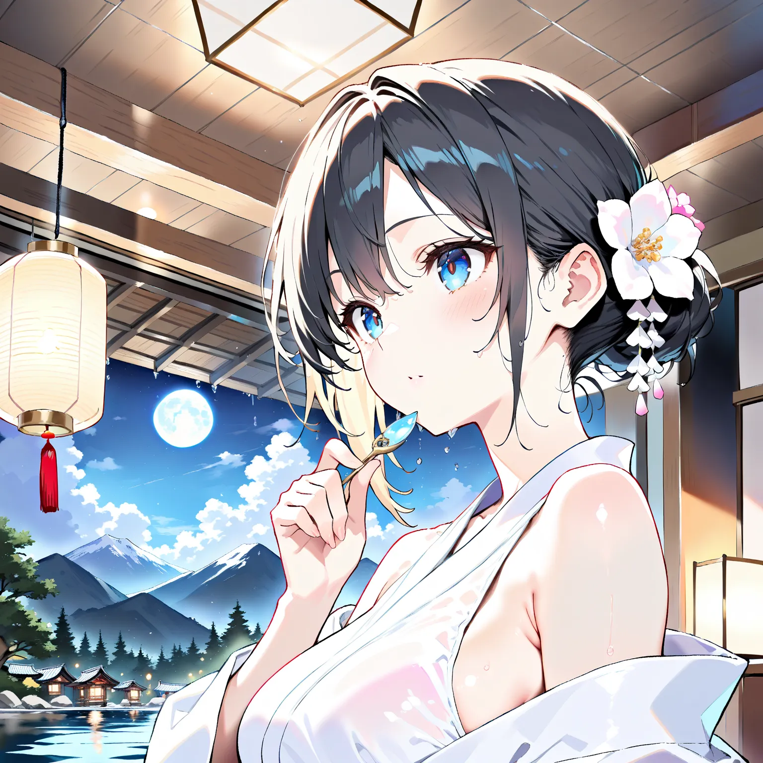 girl around her neck, chest, moon, lantern,  night , Alone, large chest, hair ornament, wet,  kimono,  Japanese Clothes, water遊び, water, hair flower, flower, outdoor, null, full moon, rain, black hair, off shoulder, Mountain, cloud, holding, band, bare sho...